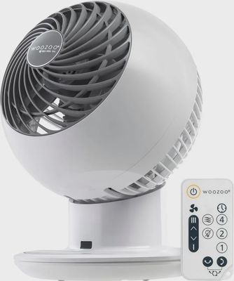 WOOZOO compact globe oscillating fan in white, front-facing, showcasing the protective grille.