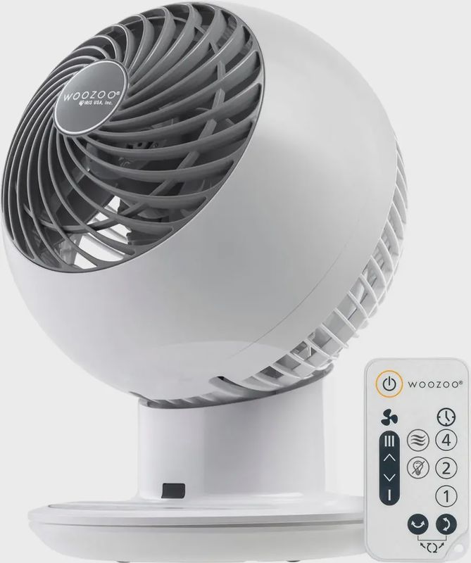WOOZOO compact globe oscillating fan in white, front-facing, showcasing the protective grille.