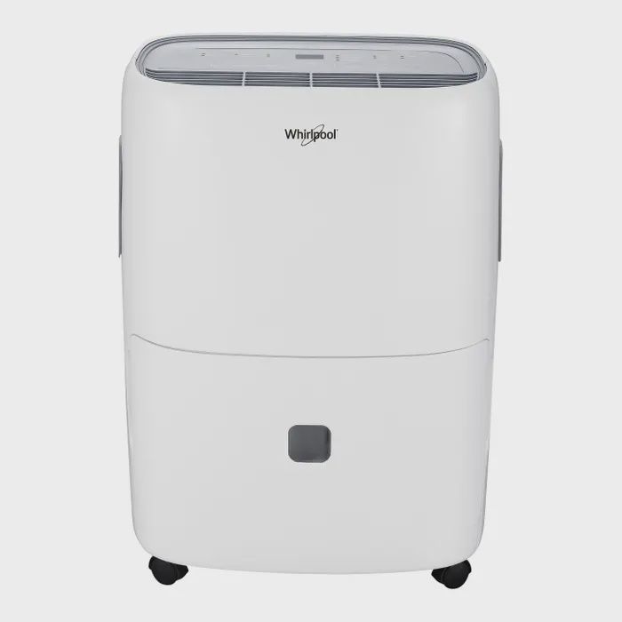 Whirlpool 50‑pint dehumidifier front view showing LED display and integrated bucket.