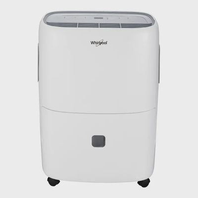 Whirlpool 50‑pint dehumidifier front view showing LED display and integrated bucket.