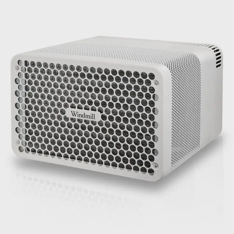 Windmill WhisperTech 8,000 BTU smart window air conditioner front view showing digital display and vent louvers.