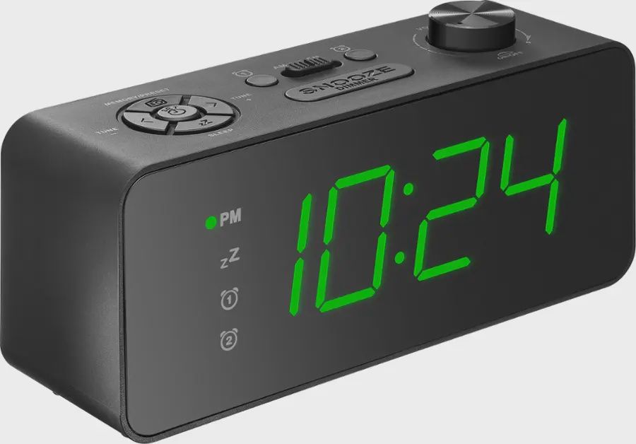 Side view of the Insignia AM/FM dual alarm clock showing rotary dimmer controls and slim profile.