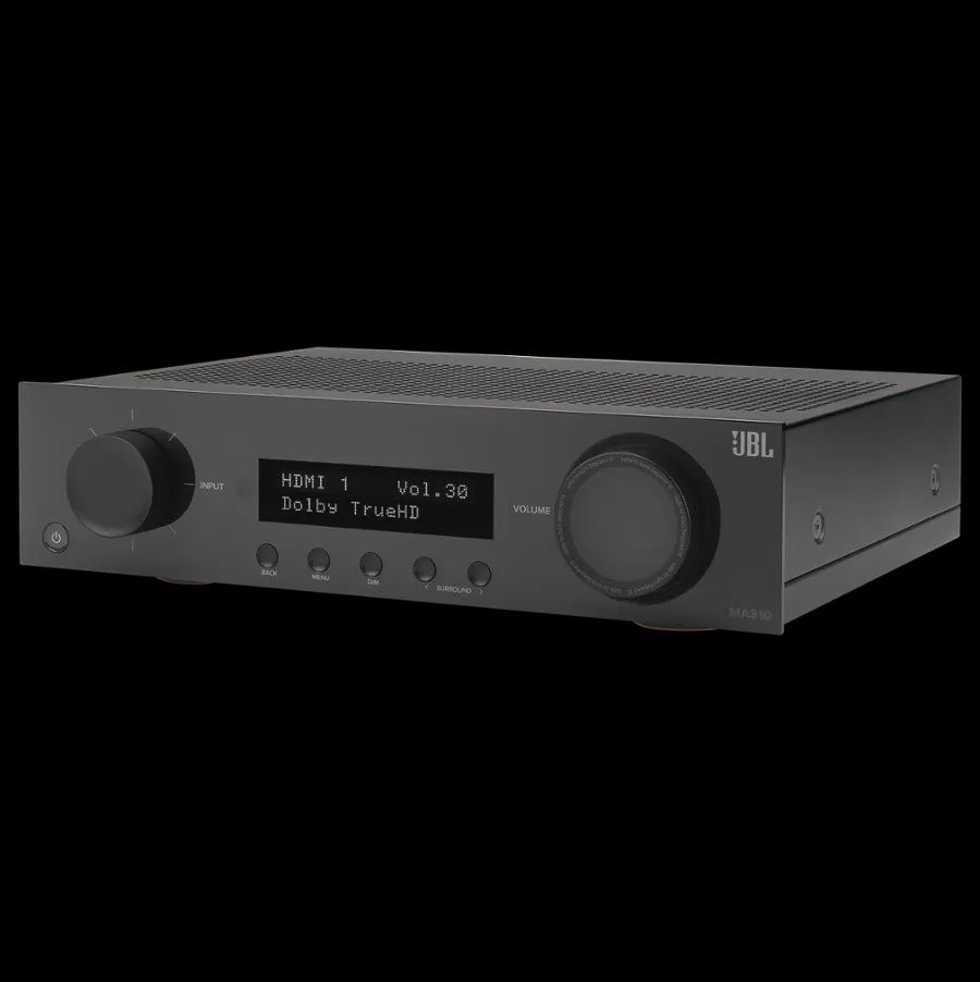 JBL MA310 5.2-channel AV receiver with front control panel, display screen, and 4K HDR compatibility.