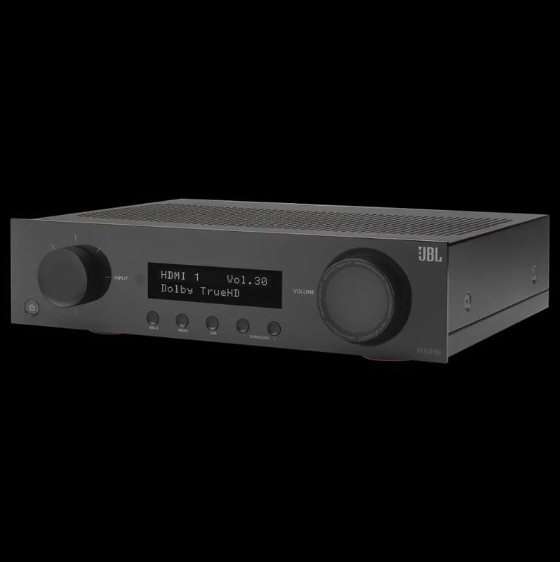 JBL MA310 5.2-channel AV receiver with front control panel, display screen, and 4K HDR compatibility.