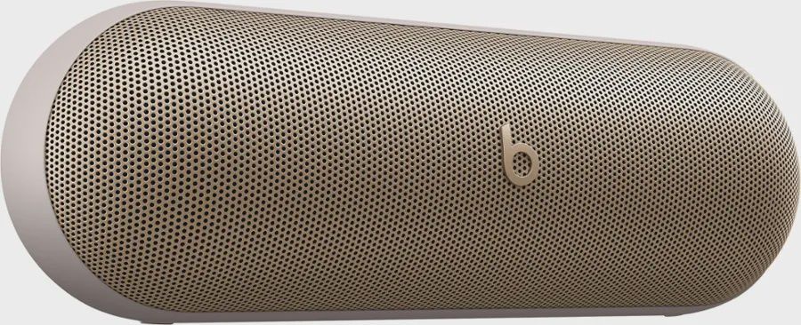 Front view of Beats Pill portable Bluetooth speaker in champagne gold with minimalist design