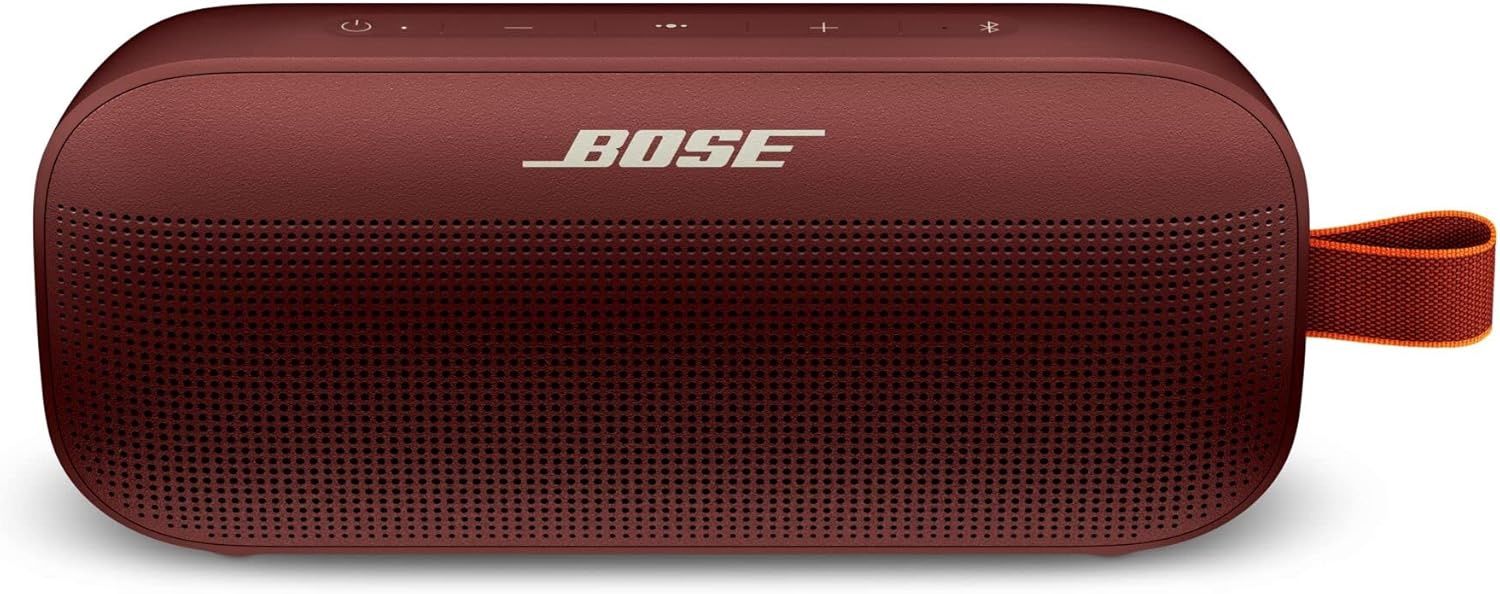 Close-up view of the Bose SoundLink Flex Bluetooth Speaker showing the textured speaker grille and control buttons on the top