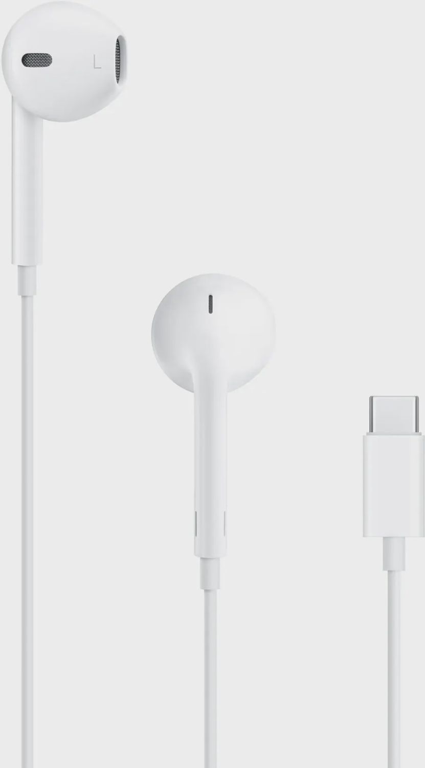 Apple EarPods with USB-C Connector in white, featuring in-ear design and built-in remote control