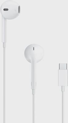 Apple EarPods with USB-C Connector in white, featuring in-ear design and built-in remote control