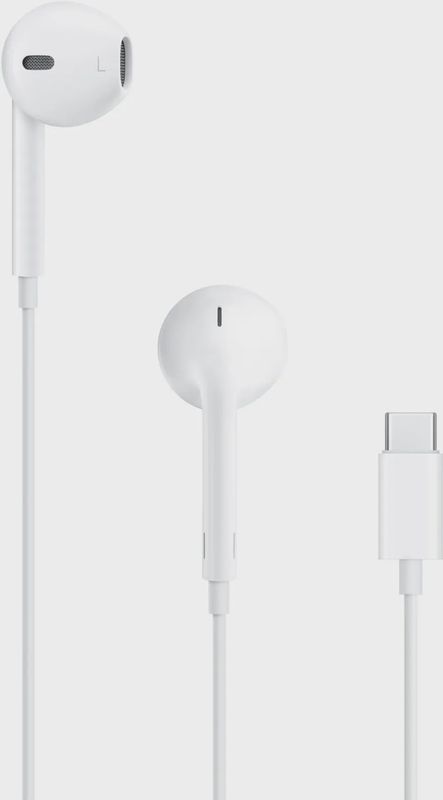 Apple EarPods with USB-C Connector in white, featuring in-ear design and built-in remote control