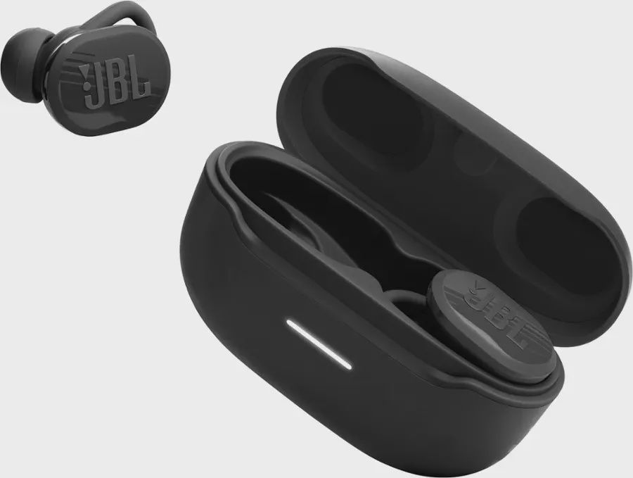 JBL Endurance Race waterproof true wireless sport earbuds in black with secure fit design.