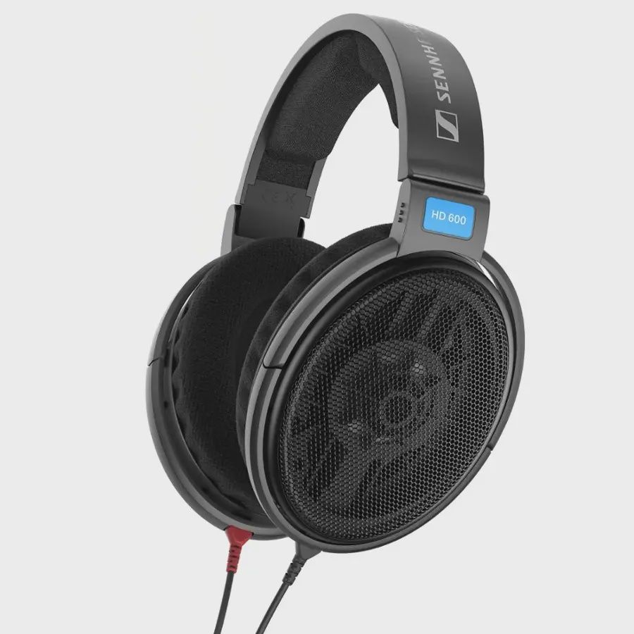 Sennheiser HD 600 headphones shown at a diagonal angle highlighting open-back earcups and headband.