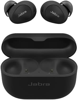 Jabra Elite 10 true wireless in-ear headphones with Dolby Atmos and active noise cancellation in a black charging case.