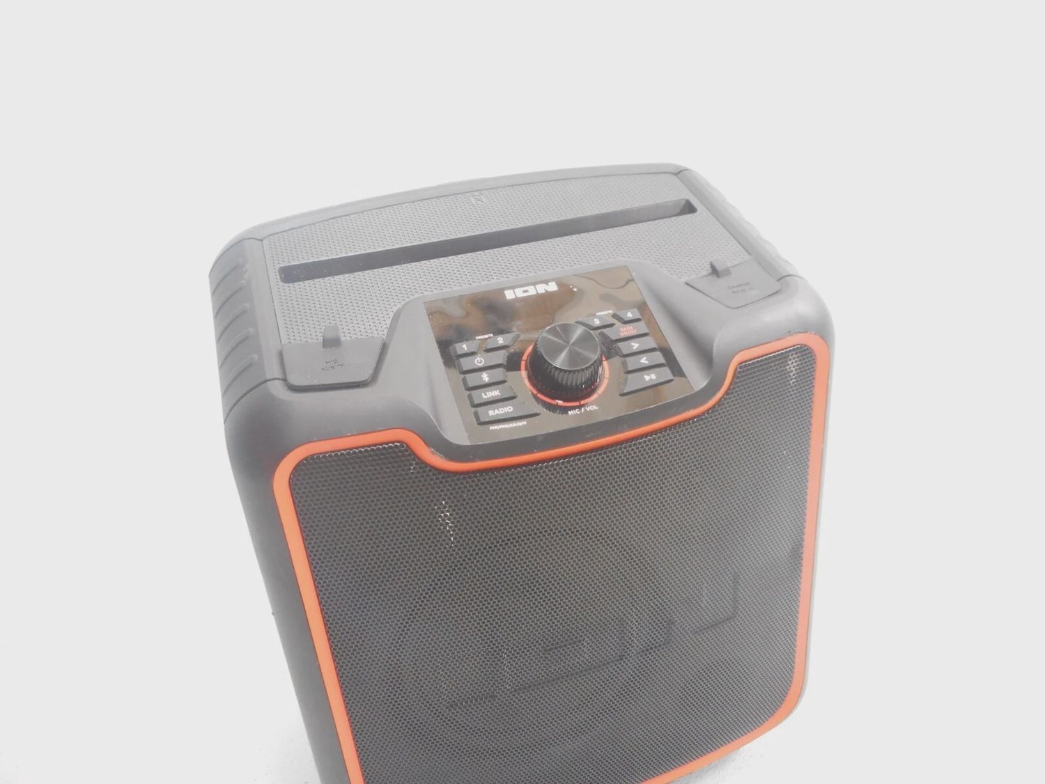 Top-down view of ION Audio Sport XL MK3 speaker displaying the control panel and handle.