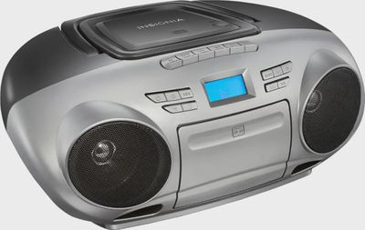 Right side view of the Insignia AM/FM Radio Portable CD Boombox with Bluetooth highlighting speaker grille and handle.