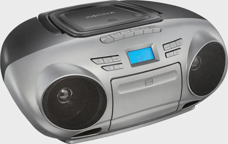 Right side view of the Insignia AM/FM Radio Portable CD Boombox with Bluetooth highlighting speaker grille and handle.