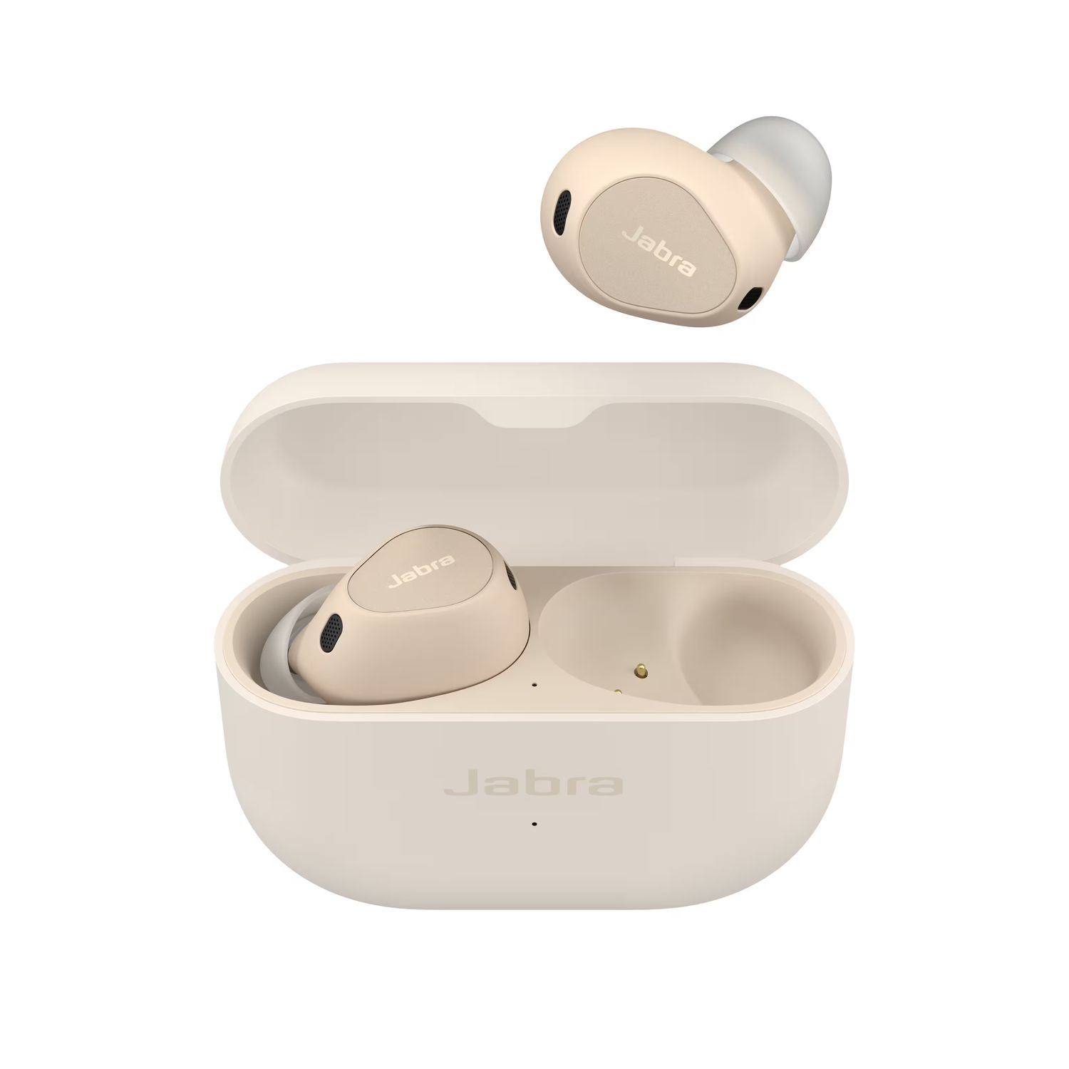Jabra Elite 10 true wireless earbuds in gold with compact charging case and ergonomic design.