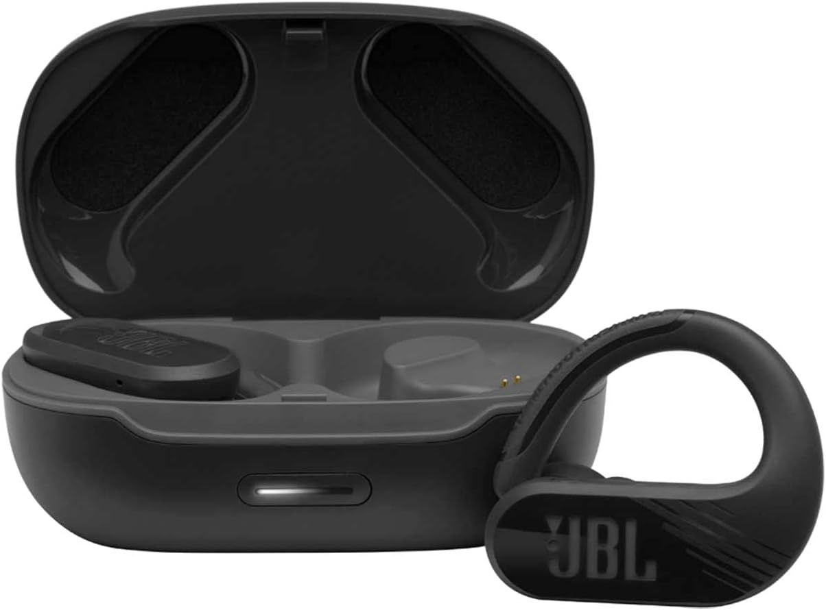 JBL Endurance Peak II true wireless earbuds shown inside open charging case.