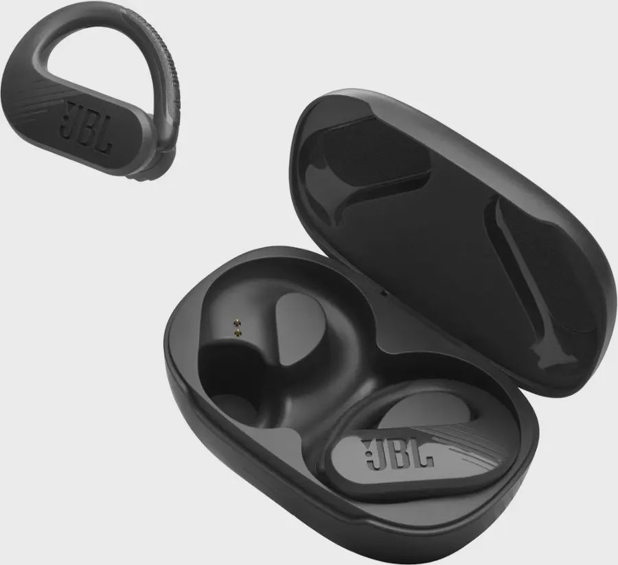 JBL Endurance Peak 3 true wireless earbuds in black, dust and waterproof with secure fit design.