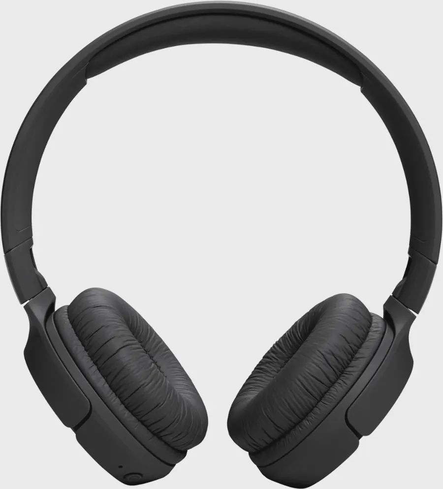 Front view of JBL TUNE520BT wireless on-ear headphones in black highlighting ear cups and headband.