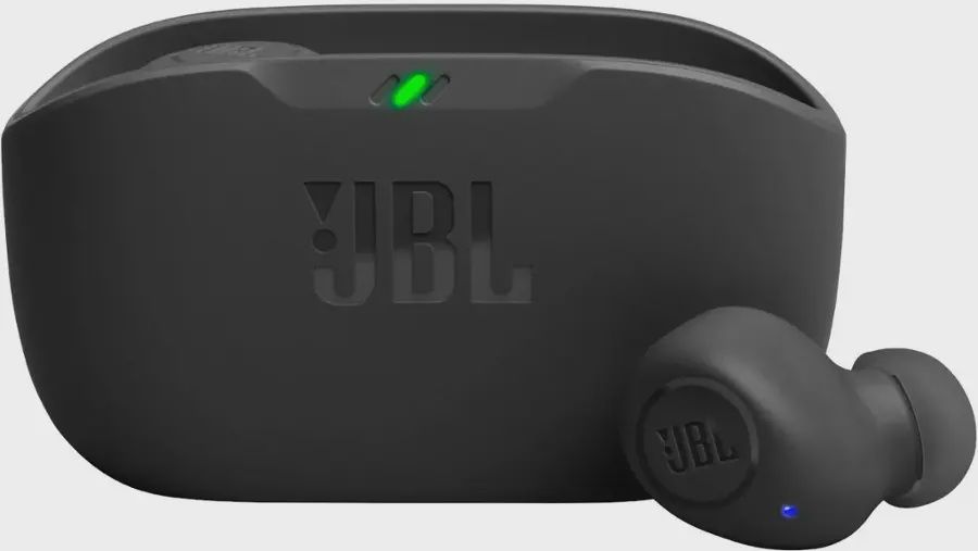 Close-up of the JBL Vibe Buds earbuds and case.