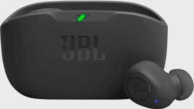 Close-up of the JBL Vibe Buds earbuds and case.