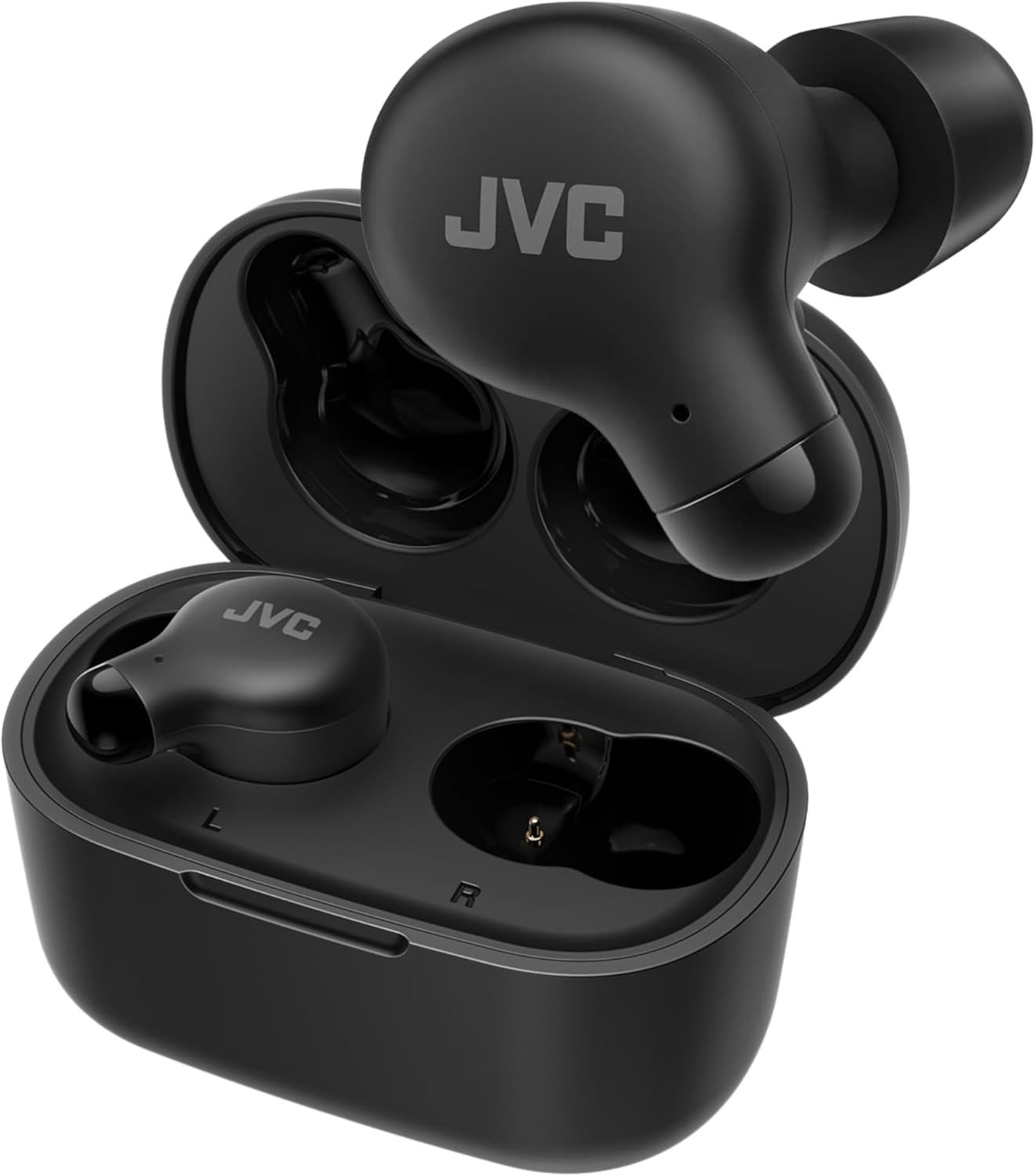 JVC Marshmallow true wireless headphones shown with charging case.