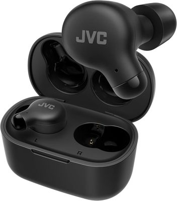 JVC Marshmallow true wireless headphones shown with charging case.