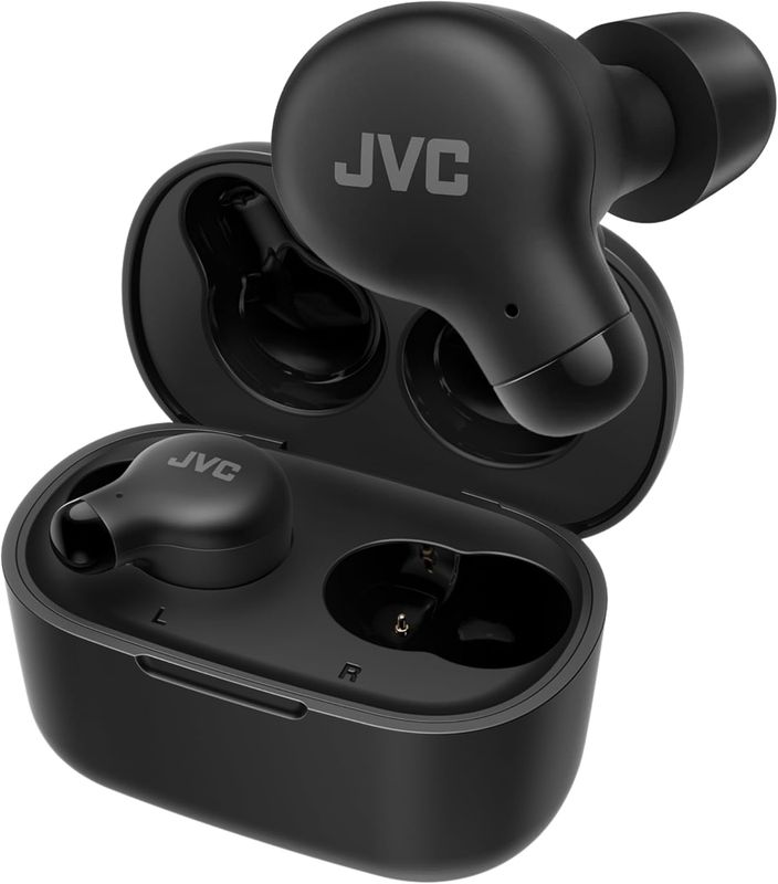 JVC Marshmallow true wireless headphones shown with charging case.