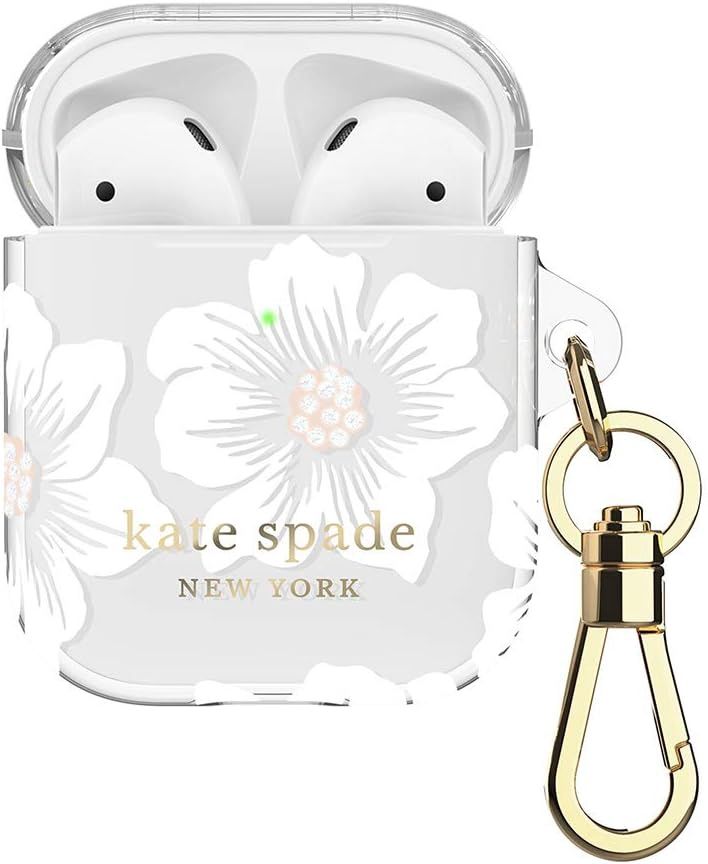 Kate Spade New York Hollyhock case for AirPods 2 &amp; 1 in white floral design with gold keychain.
