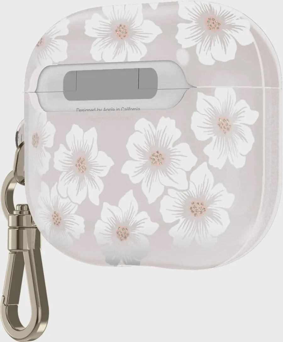 Kate Spade New York Hollyhock case for AirPods (3rd Generation) in white floral design with gold keychain.