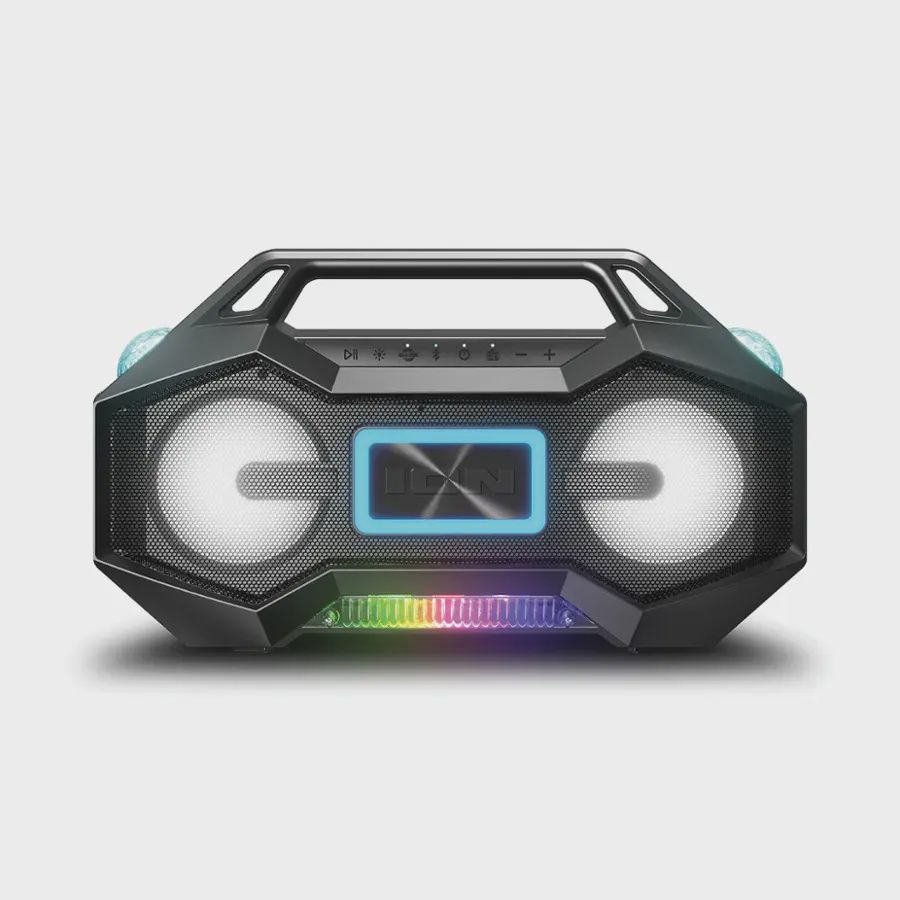 Front view of ION Audio Party Rocker Go Boombox with dual 3.5” full-range speakers, LED lighting, and Bluetooth control panel