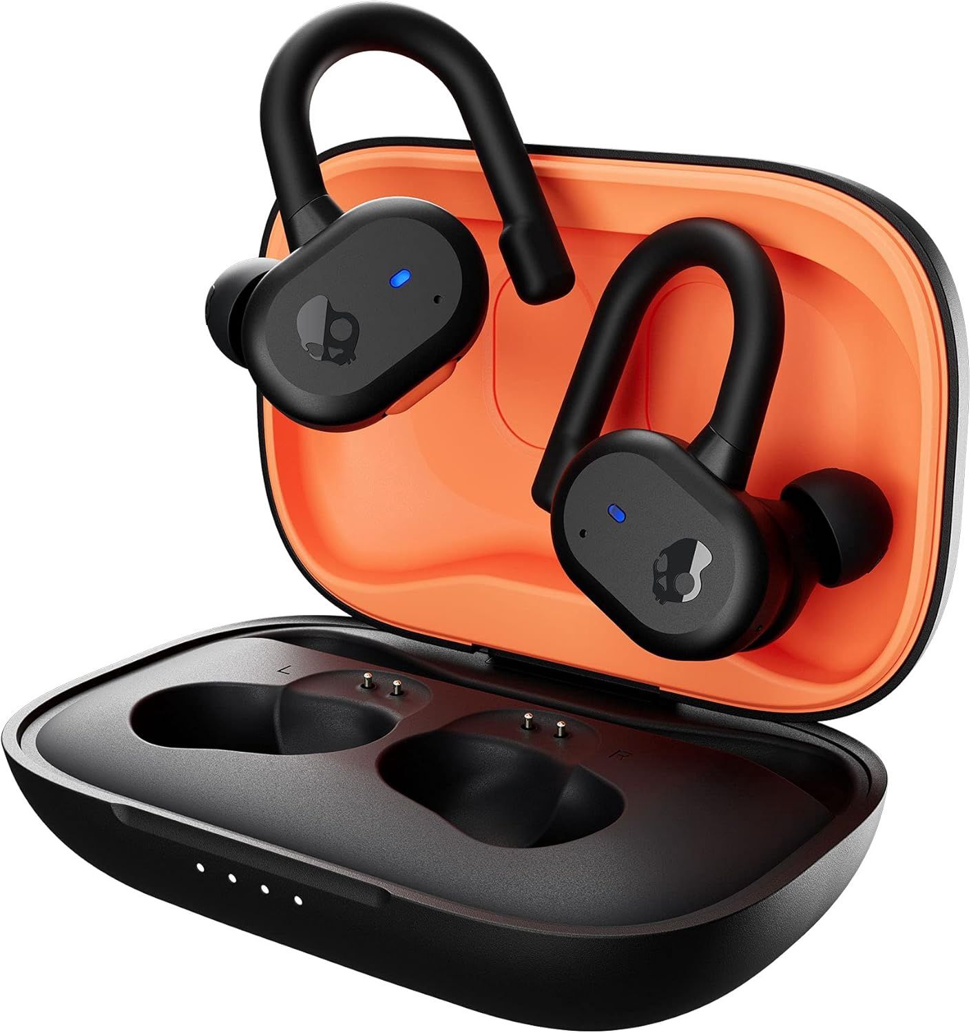 Skullcandy Push Active True Wireless Sport Earbuds in black/orange, displayed in their charging case.