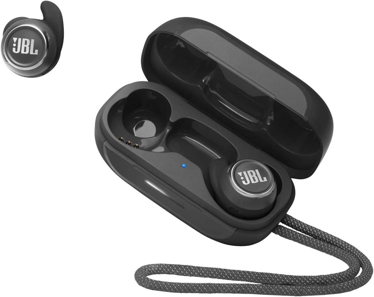 JBL Reflect Mini NC true wireless sport headphones with silicone ear tips and compact charging case.