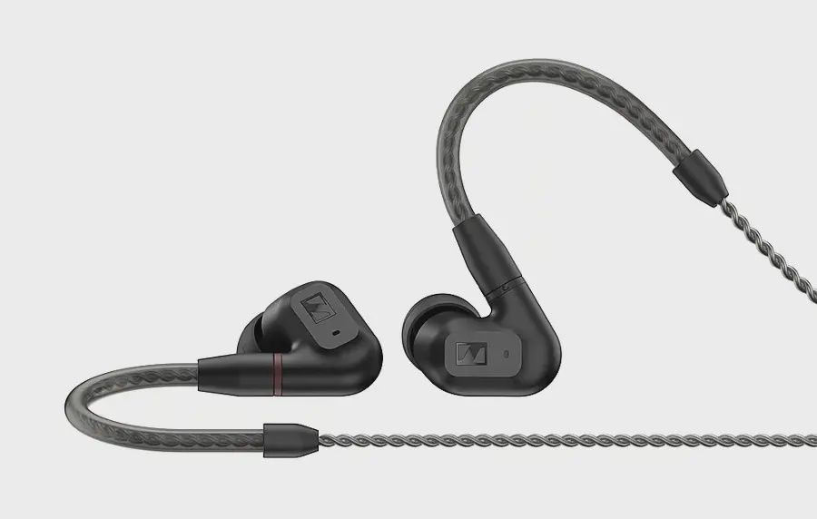 Front-facing view of the Sennheiser IE 200 earbud with soft ear tip and refined finish.