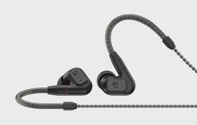 Front-facing view of the Sennheiser IE 200 earbud with soft ear tip and refined finish.