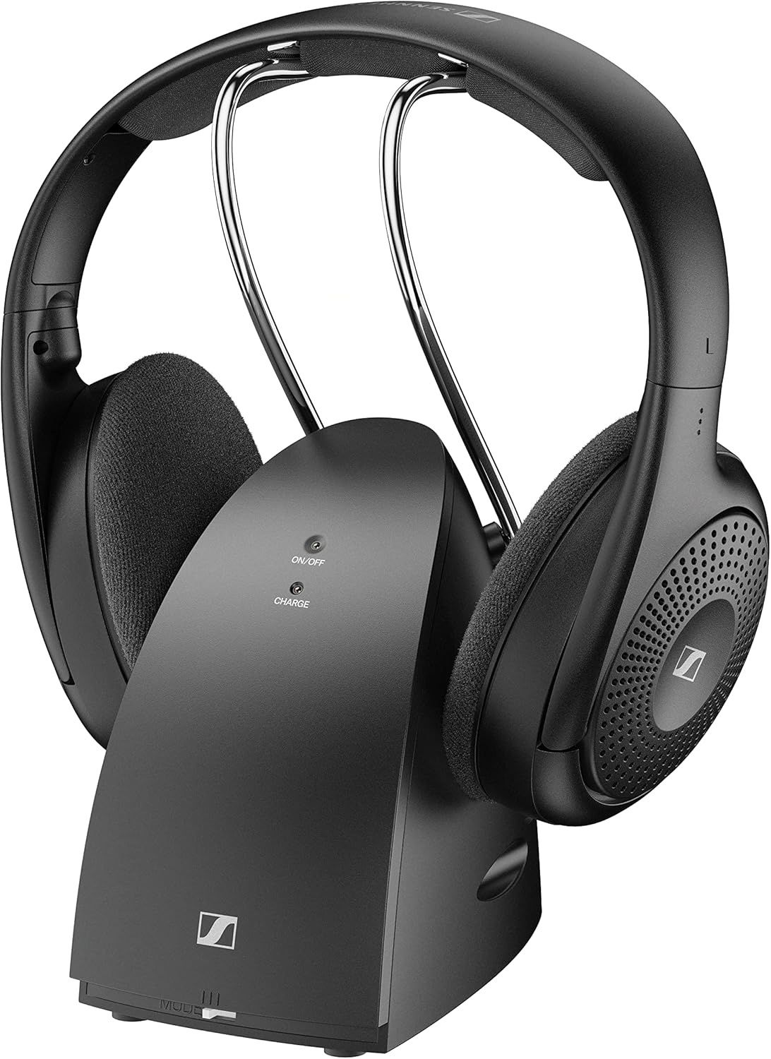 Sennheiser RS 120-W wireless headphones docked on the charging base station.