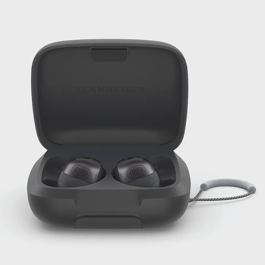 Sennheiser Momentum Sport Earbuds neatly placed inside the charging case.