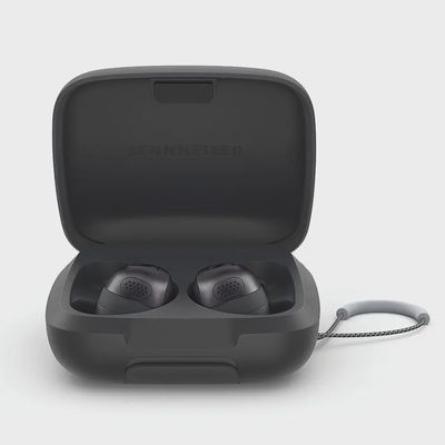 Sennheiser Momentum Sport Earbuds neatly placed inside the charging case.