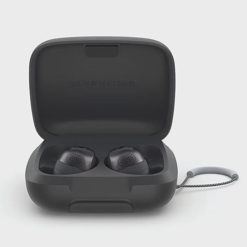 Sennheiser Momentum Sport Earbuds neatly placed inside the charging case.