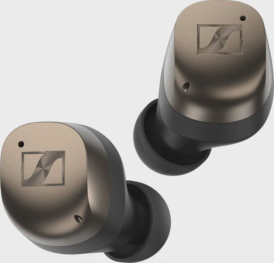 Front-facing view of the Sennheiser MOMENTUM True Wireless 4 Earbuds highlighting their ergonomic design.