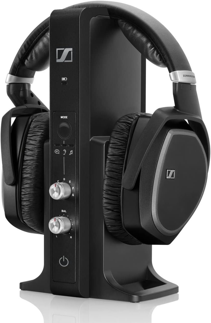 Sennheiser RS 195 headphones placed on their charging base station.