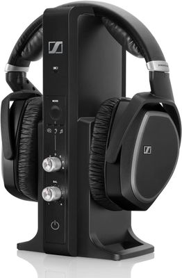Sennheiser RS 195 headphones placed on their charging base station.