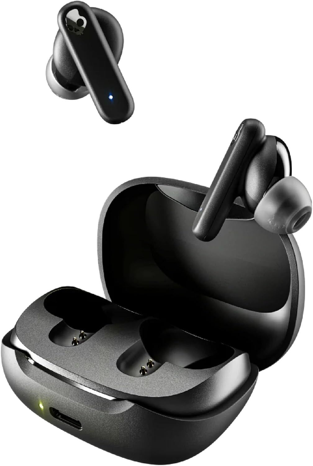 Skullcandy Smokin’ Buds True Wireless Earbuds in True Black, displayed in their charging case.