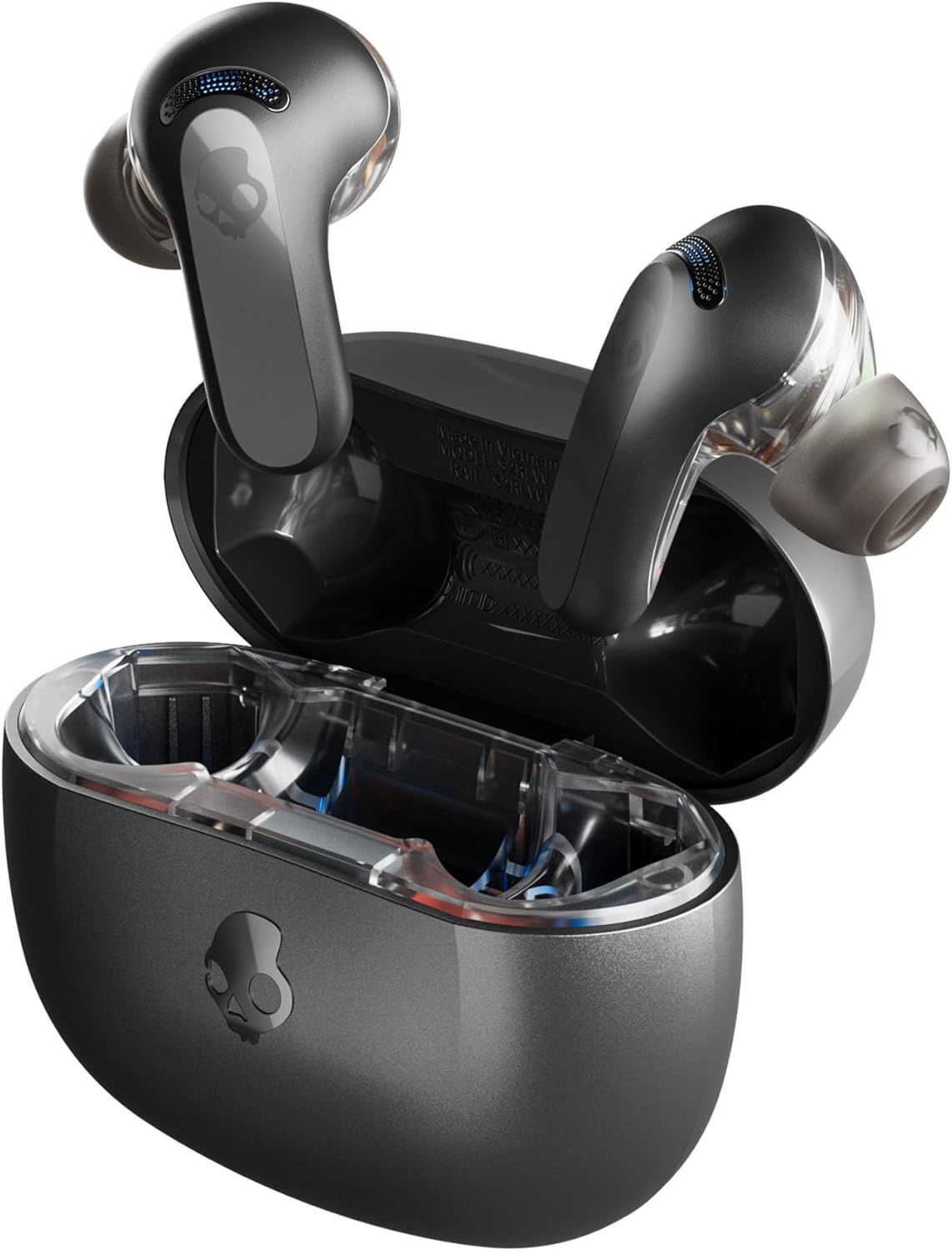 Skullcandy Rail ANC Wireless Earbuds displayed inside their compact charging case.