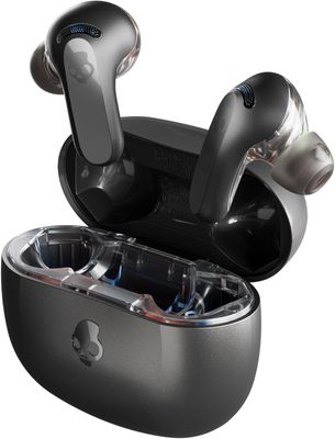 Skullcandy Rail ANC Wireless Earbuds displayed inside their compact charging case.