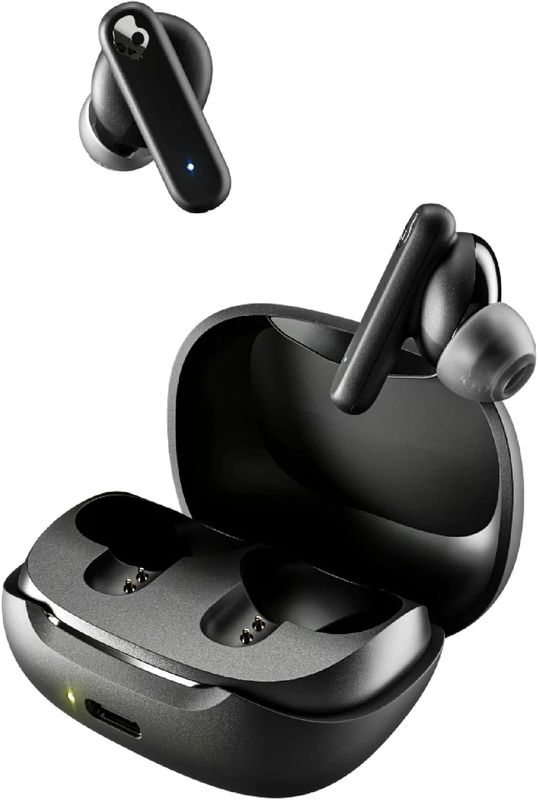 Skullcandy Smokin’ Buds True Wireless Earbuds in True Black, displayed in their charging case.