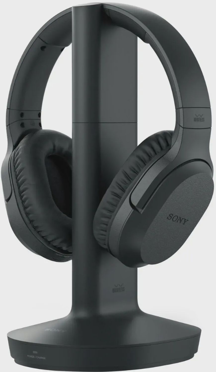 Sony WHRF400 headphones resting on their charging base station.