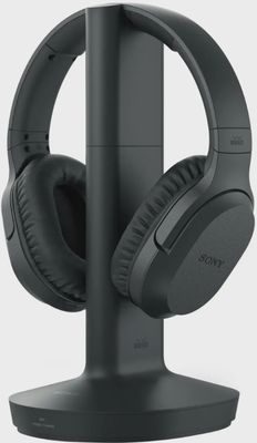 Sony WHRF400 headphones resting on their charging base station.
