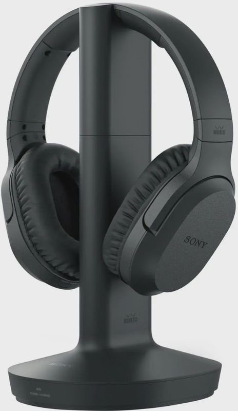 Sony WHRF400 headphones resting on their charging base station.