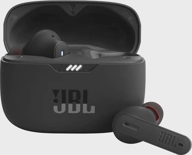 Open charging case displaying JBL Tune 235NC earbuds seated inside.